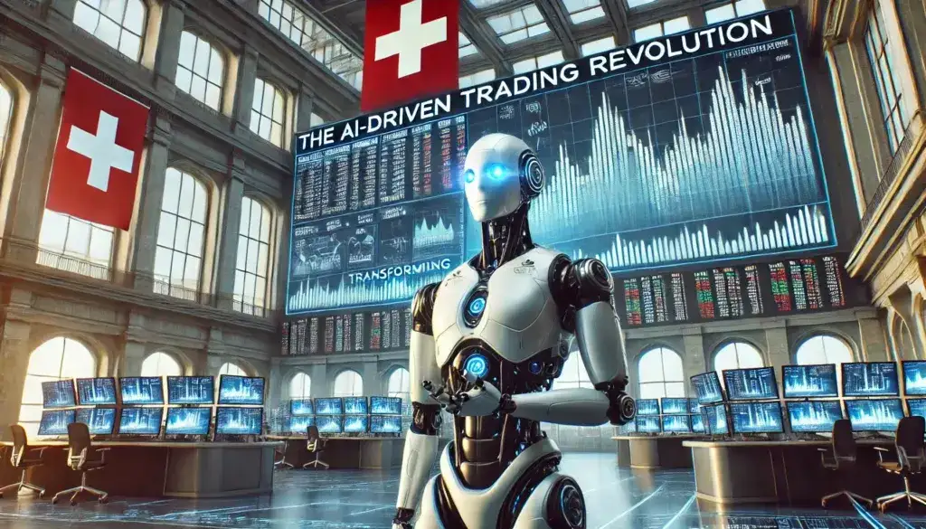 A futuristic robot standing in front of a high-tech trading room in Switzerland, with an elegant and sophisticated atmosphere. The scene features mass