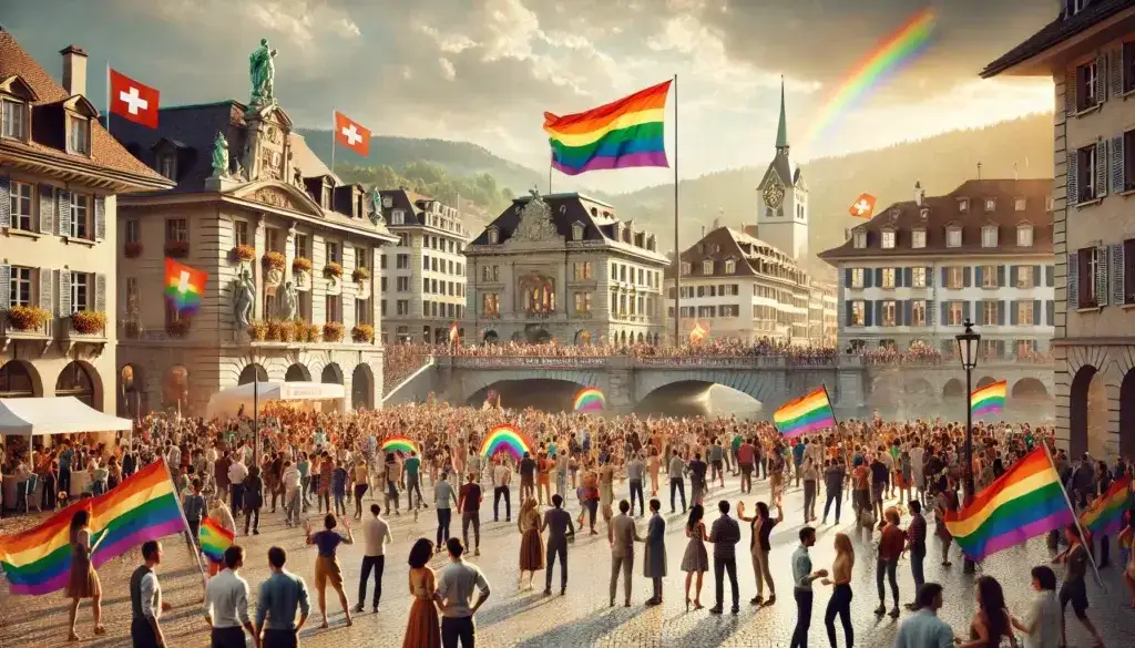 A realistic and vibrant LGBTQ+ pride celebration in Switzerland, set in a city square with a panoramic view. People of diverse backgrounds are joyfull
