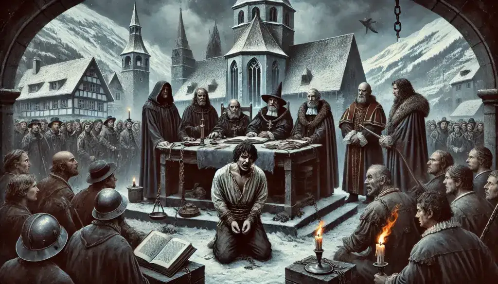 A medieval witch trial scene set in a Swiss alpine town. The scene depicts a distressed accused person, dressed in tattered clothing, kneeling before